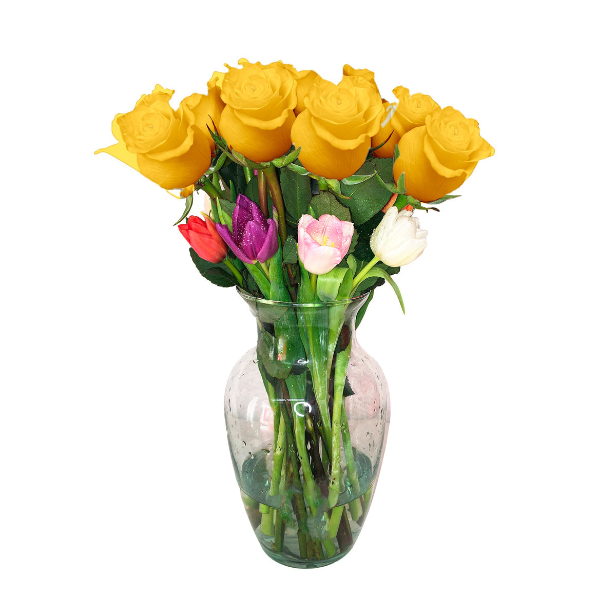 Arreglo con 12 rosas y 10 tulipanes variados en florero samaritano, rosas amarillas