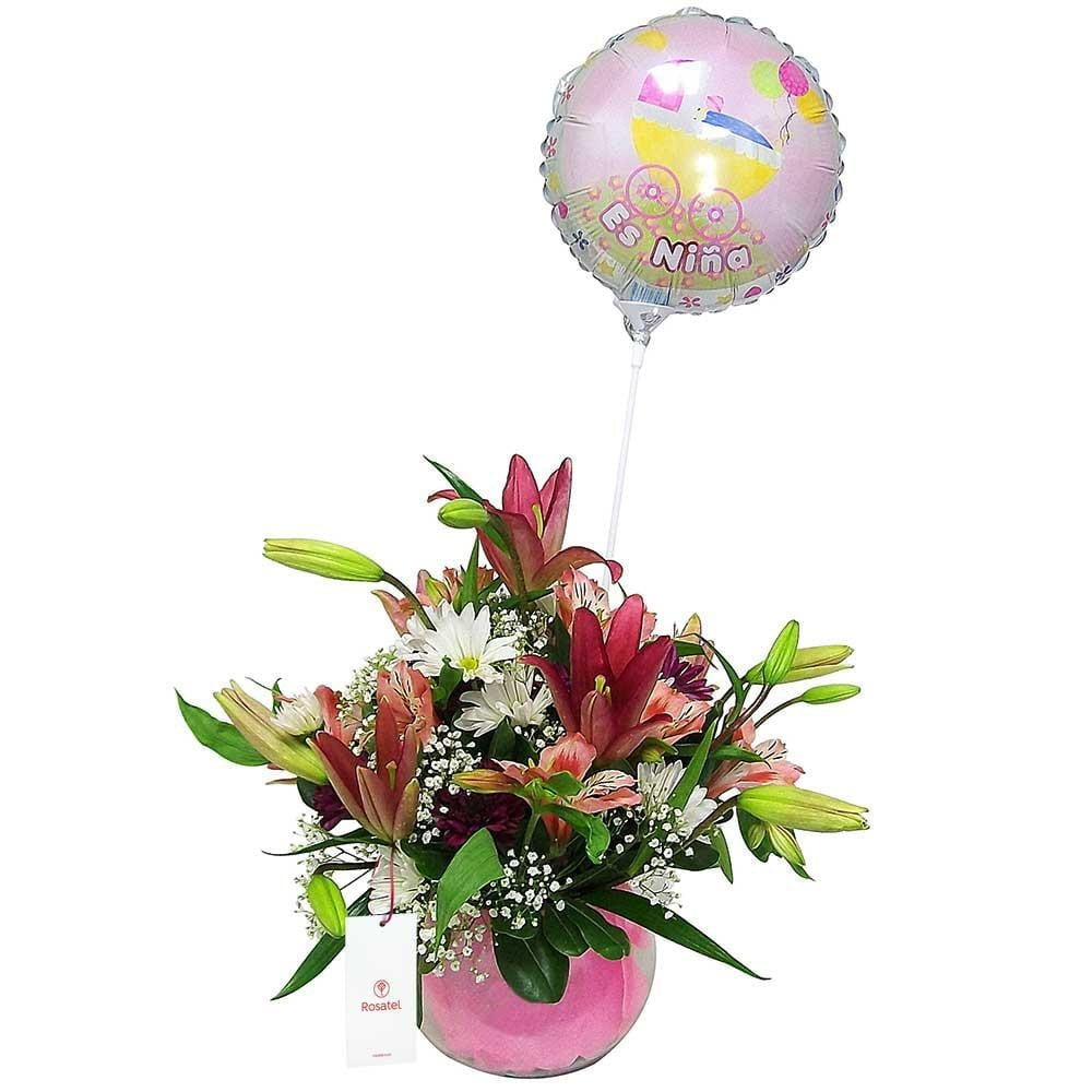 Arreglo flores, lilium y globo niña