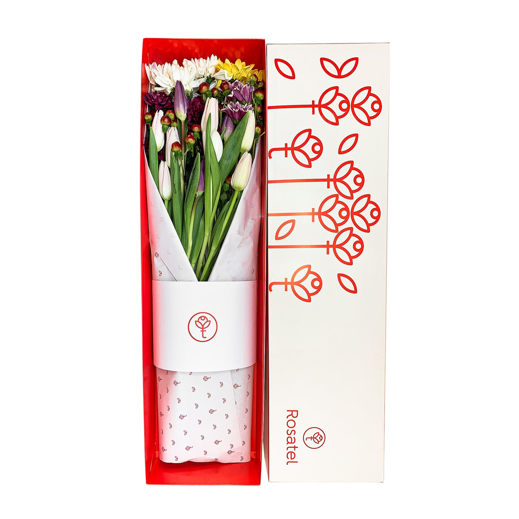 Caja Blanca con 10 tulipanes, maules e hiperycum