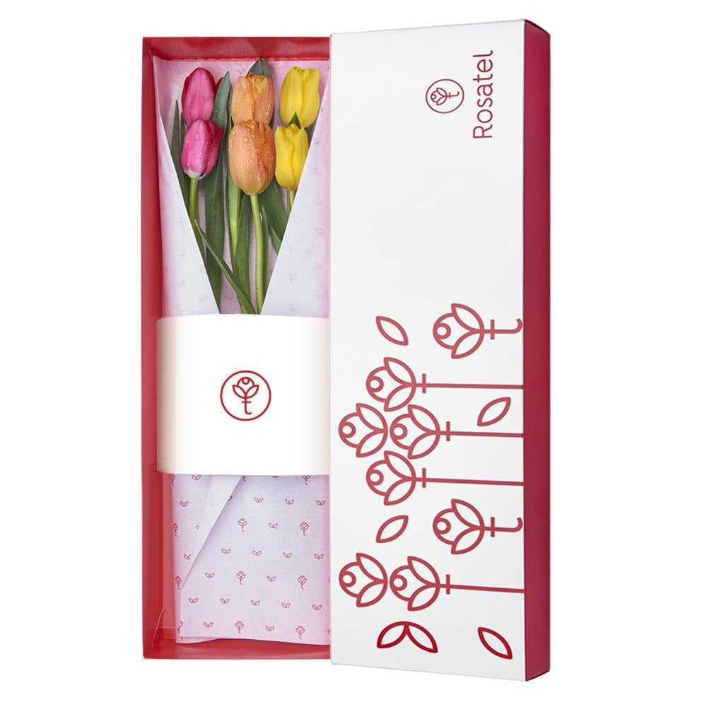 Caja blanca con 6 tulipanes