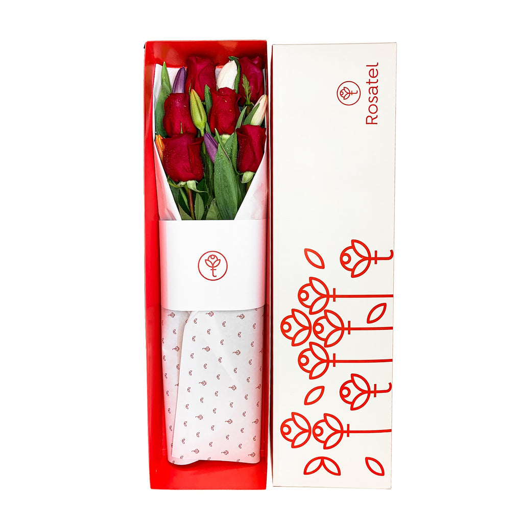 Caja blanca 6 rosas y 6 tulipanes