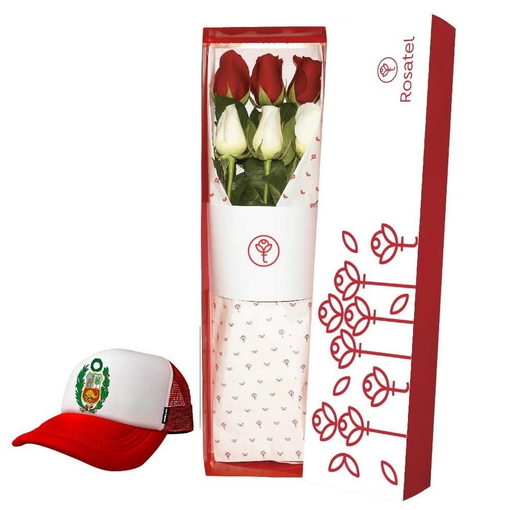 Caja blanca 6 rosas bicolor y gorra whairo escudo perú
