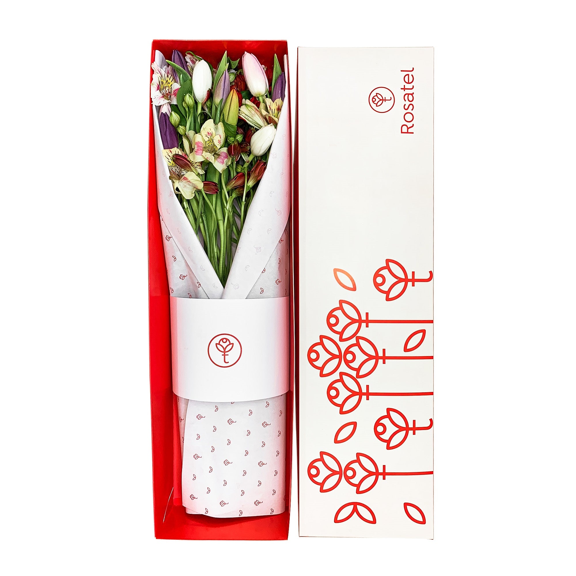 Caja blanca con 10 tulipanes y astromelias