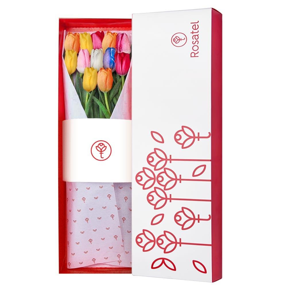 Caja blanca con 12 tulipanes