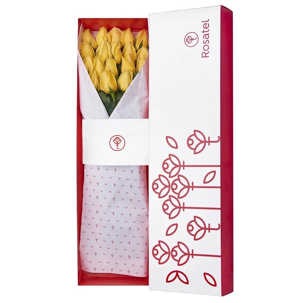 Caja blanca con 18 rosas amarillas