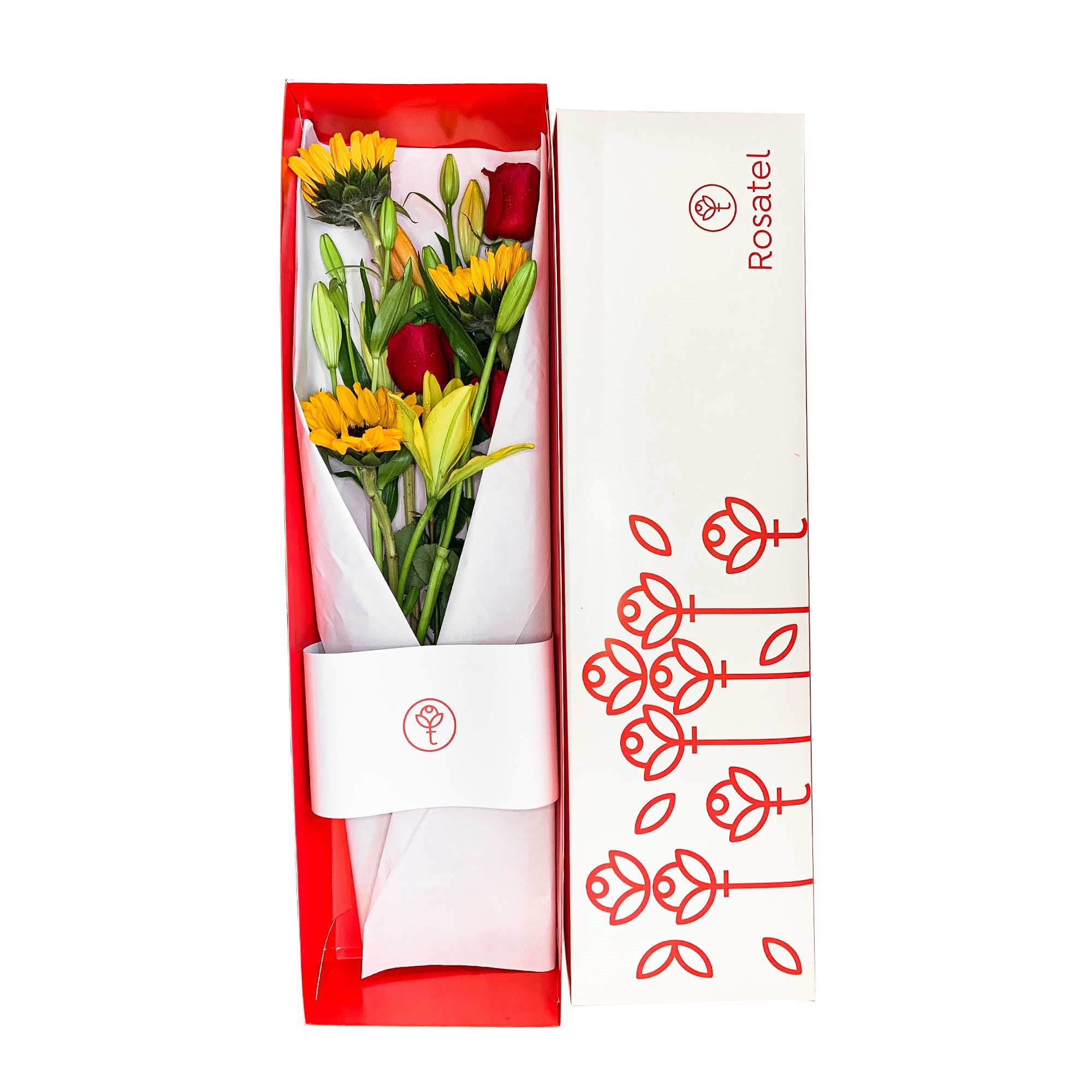 Caja con 3 rosas lilium y girasoles