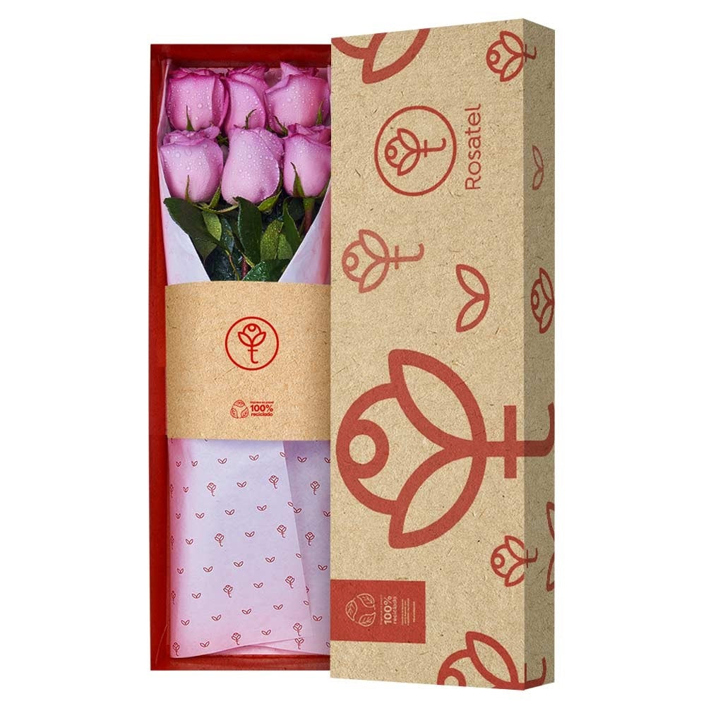 Caja natural R40 con 6 rosas lila