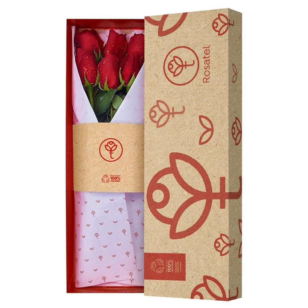 Caja natural R40 con 6 rosas rojas