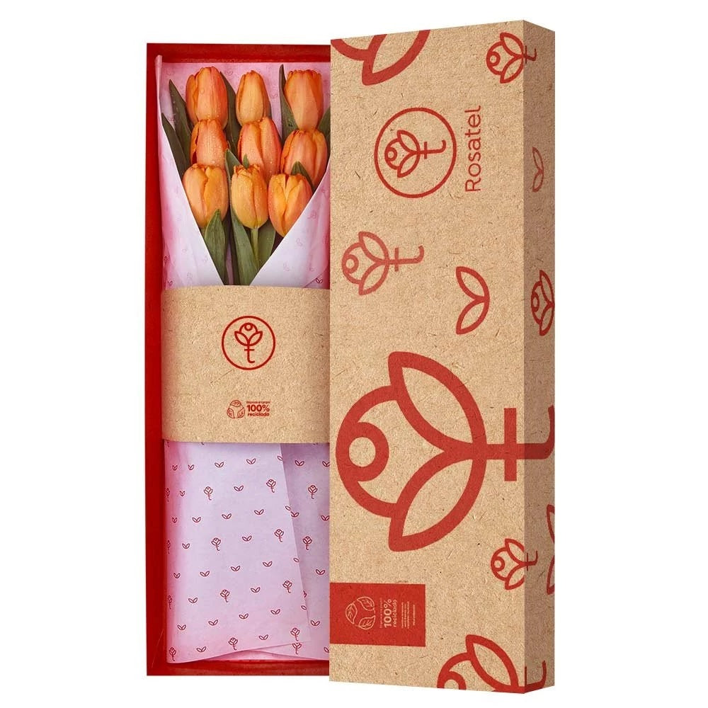 Caja natural con 9 tulipanes