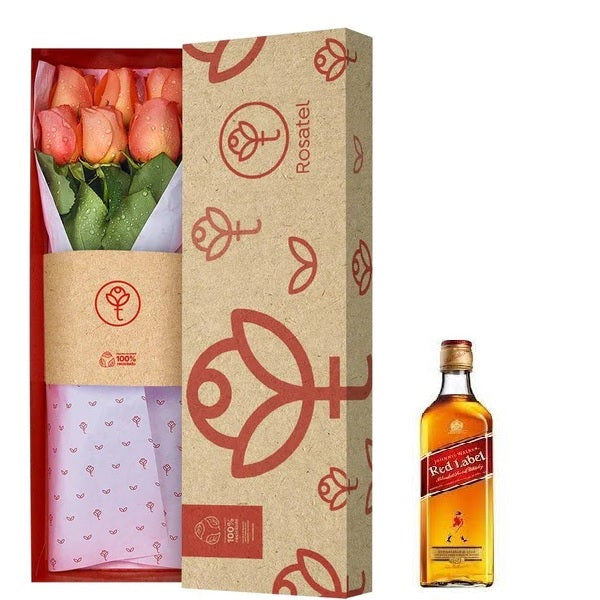 Caja natural r40 6 rosas naranja y whisky jhony red pequeño