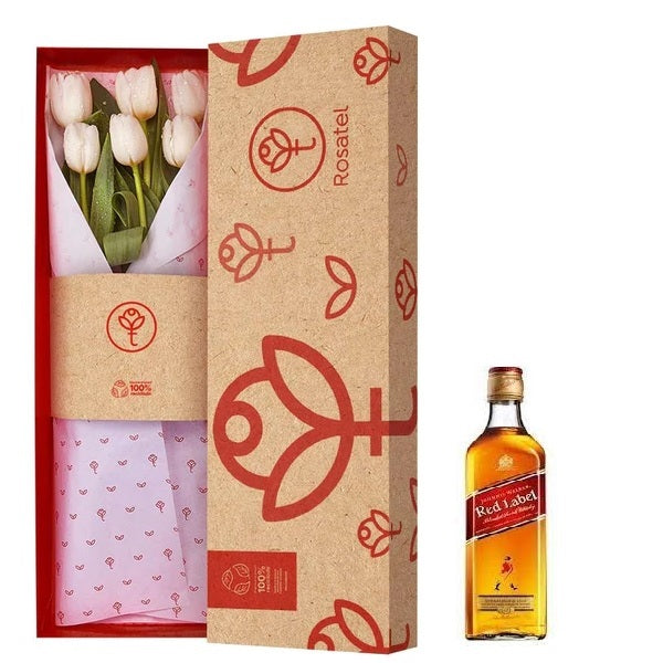 Caja natural r40 con 6 tulipanes blancos y whisky red pequeño