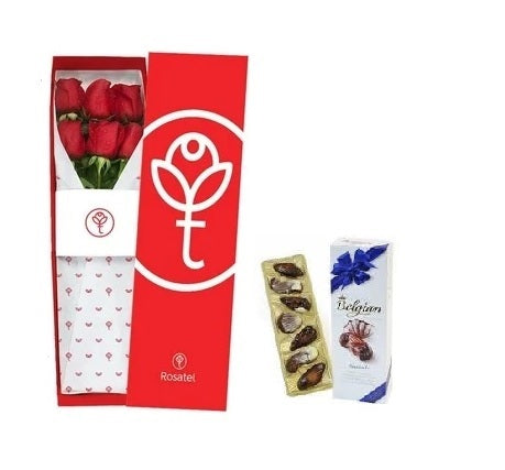 Caja roja r40 6 rosas y chocolate belgian praline
