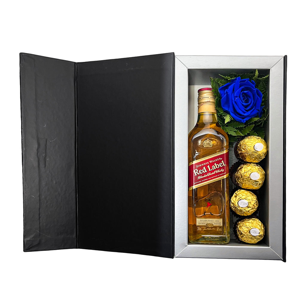 Caja rosatel negra whisky red pequeño boton_rosa preservada azul y chocolate ferrero