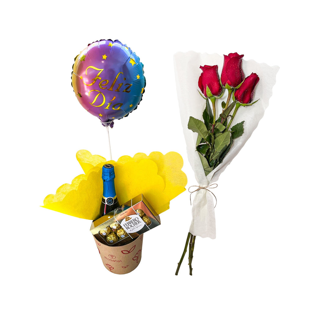 Pack feliz día y ramo 3 rosas