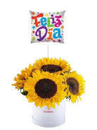 Sombrerera blanca 6 girasoles y globo feliz dia