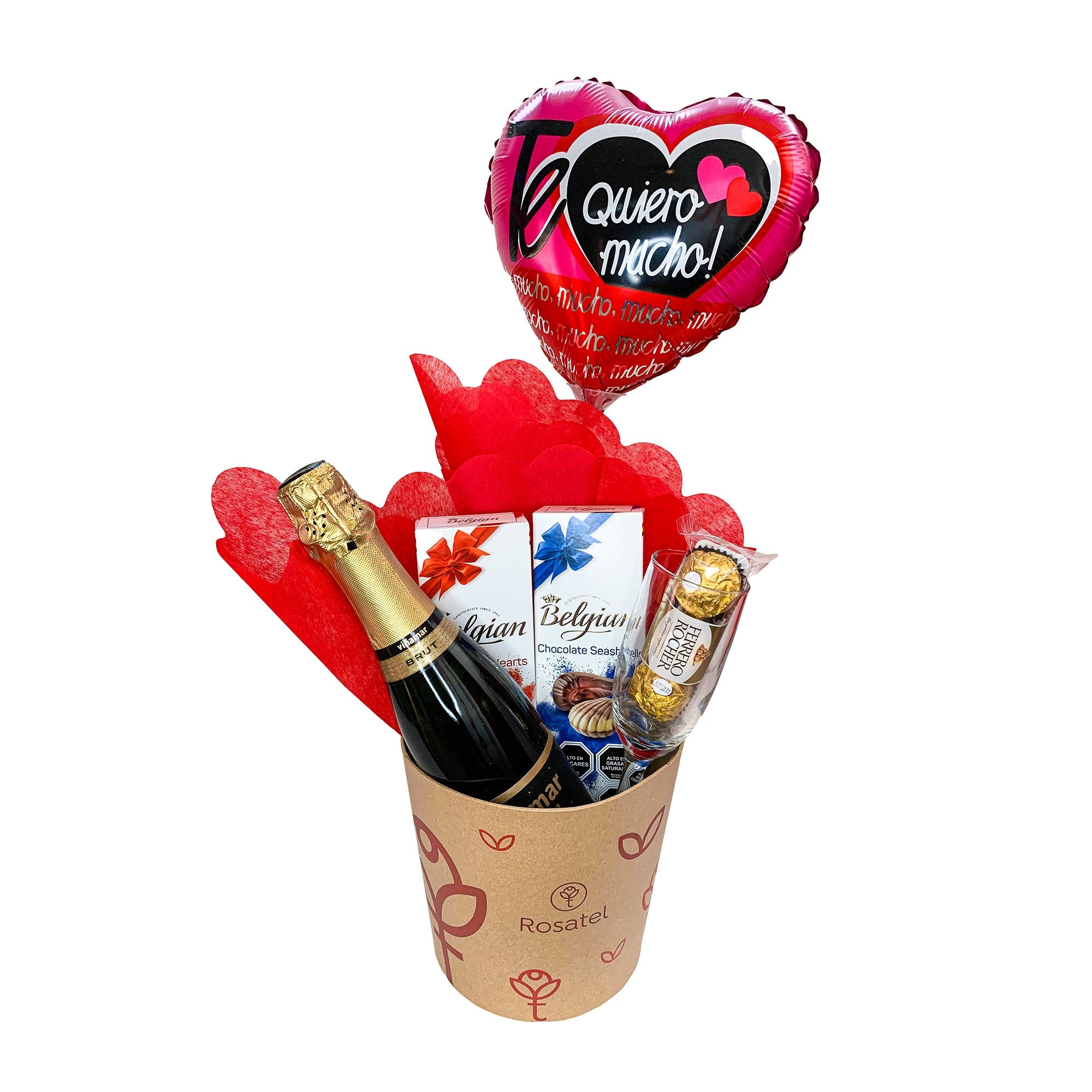 Sombrerera con espumante, chocolates belgian, ferrero, copa y globo