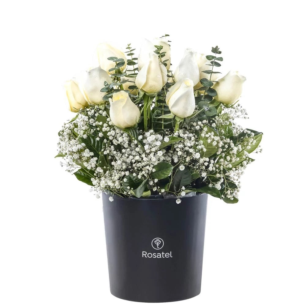Sombrerera negra 15 rosas blancas y gypsofilia