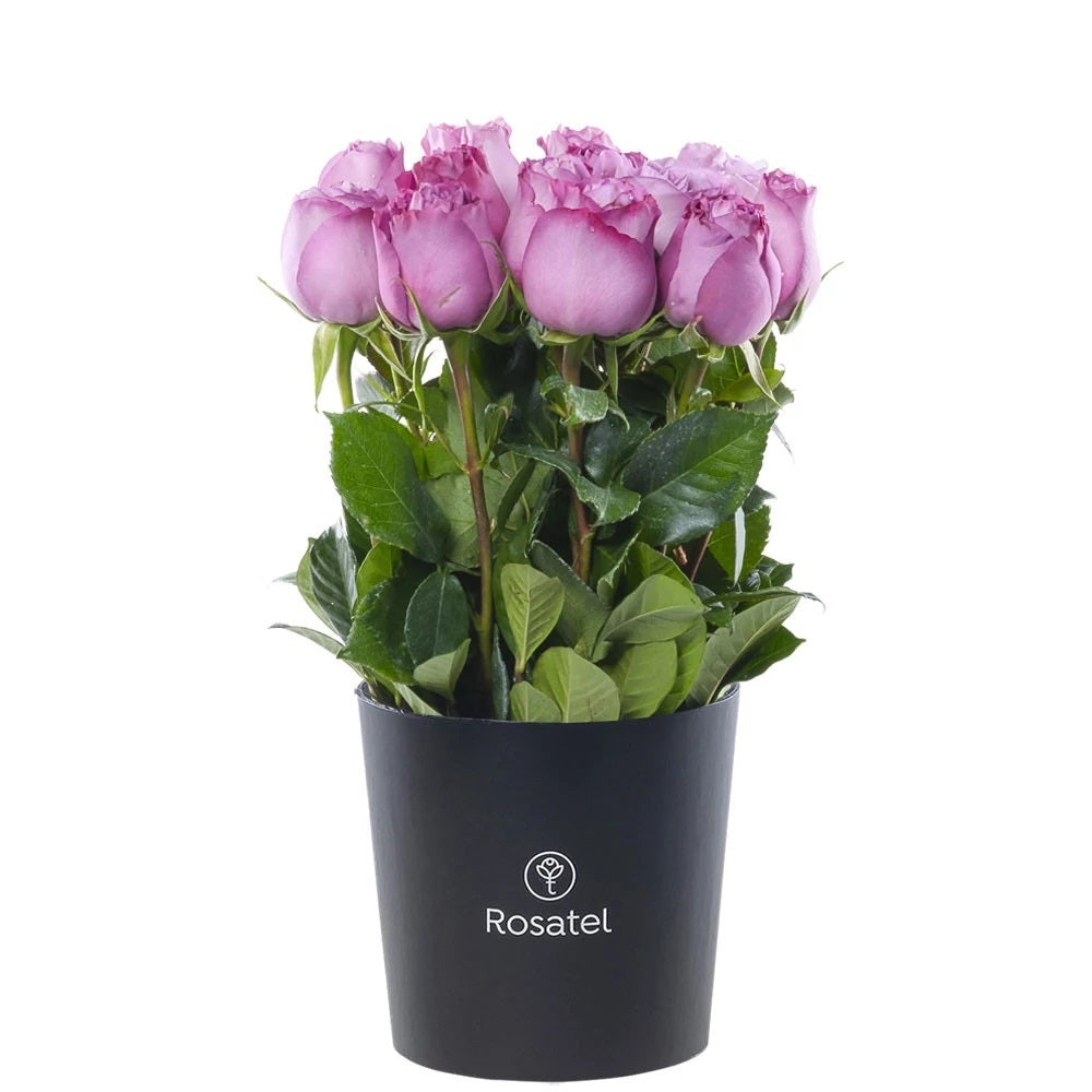 Sombrerera negra mediana 15 rosas lilas