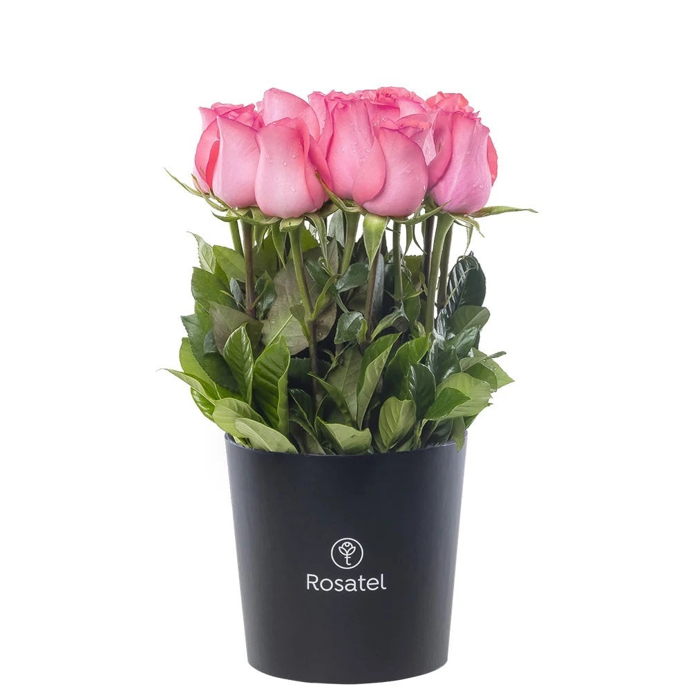 Sombrerera negra mediana 15 rosas rosadas