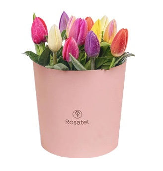 Sombrerera rosada 12 tulipanes variados