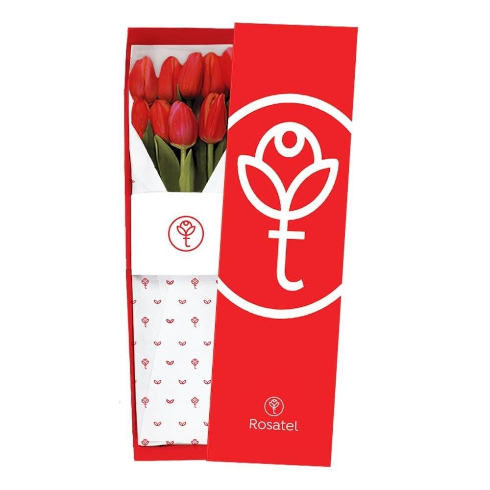 Caja roja con 9 tulipanes