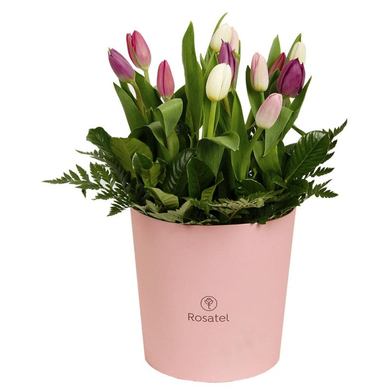 Sombrerera rosada grande con 12  tulipanes