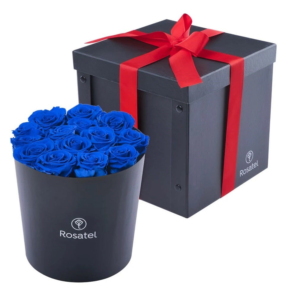 Sombrerera negra grande 14 rosas preservadas azules y caja negra