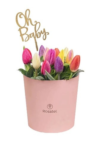 Sombrerera rosada con 12 tulipanes y varilla oh baby